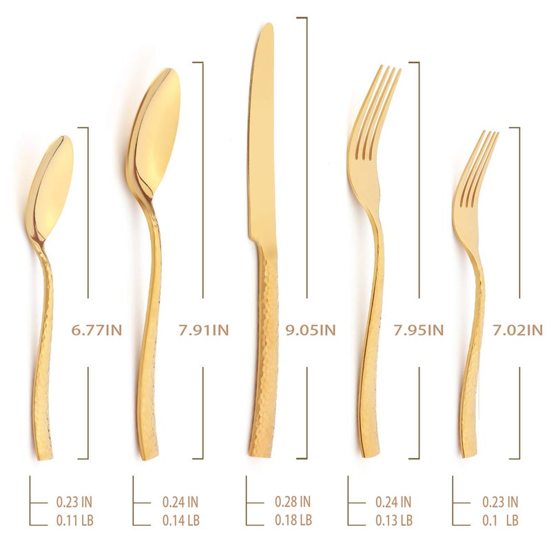 Kelenfer Silverware Set Flatware Set Gold Hammered Handle Cutlery Set Stainless Steel Shiny Mirror Polished Brass 20 Pieces Dishwasher Safe Service for 4 - Image 2